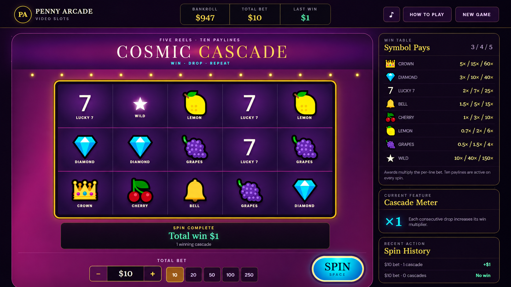 Cosmic Cascade five-reel video slot machine