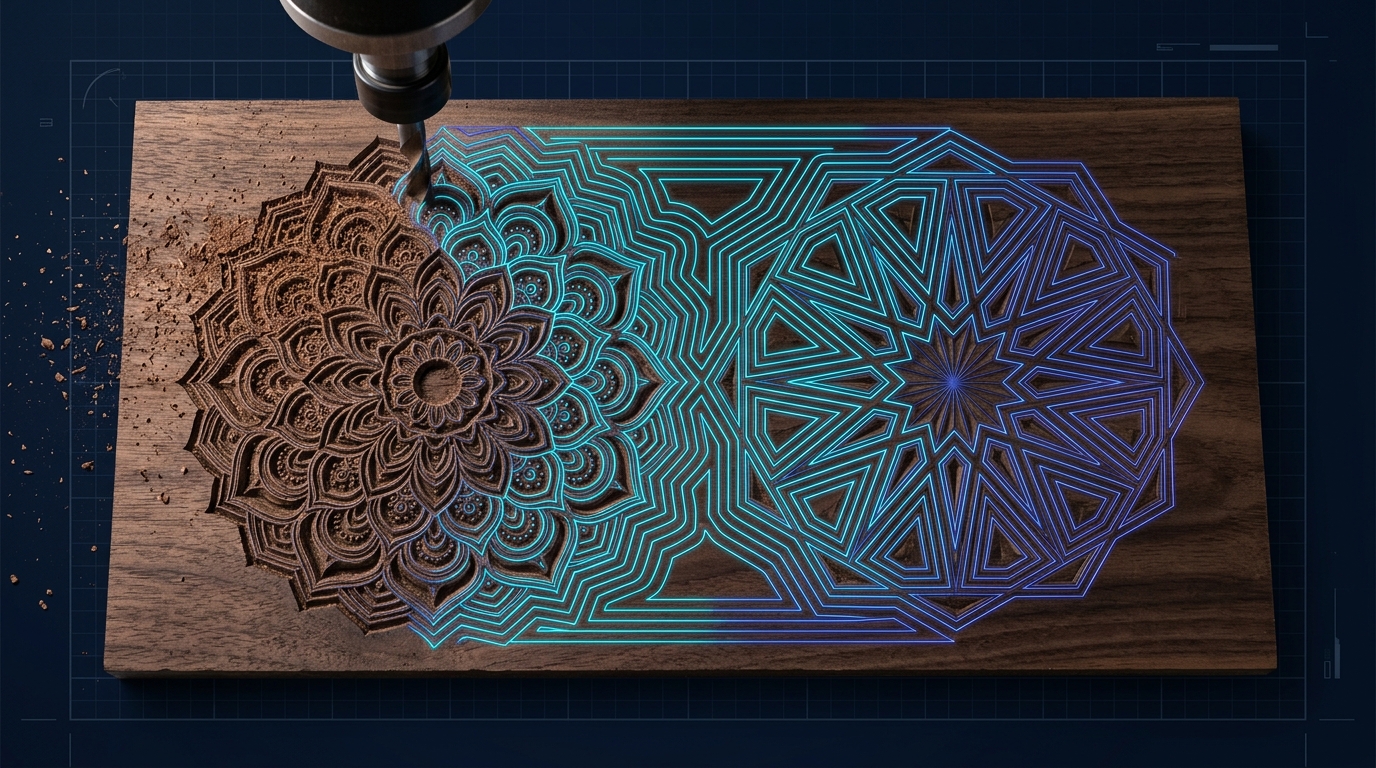 CNC carved walnut board with glowing toolpath overlay